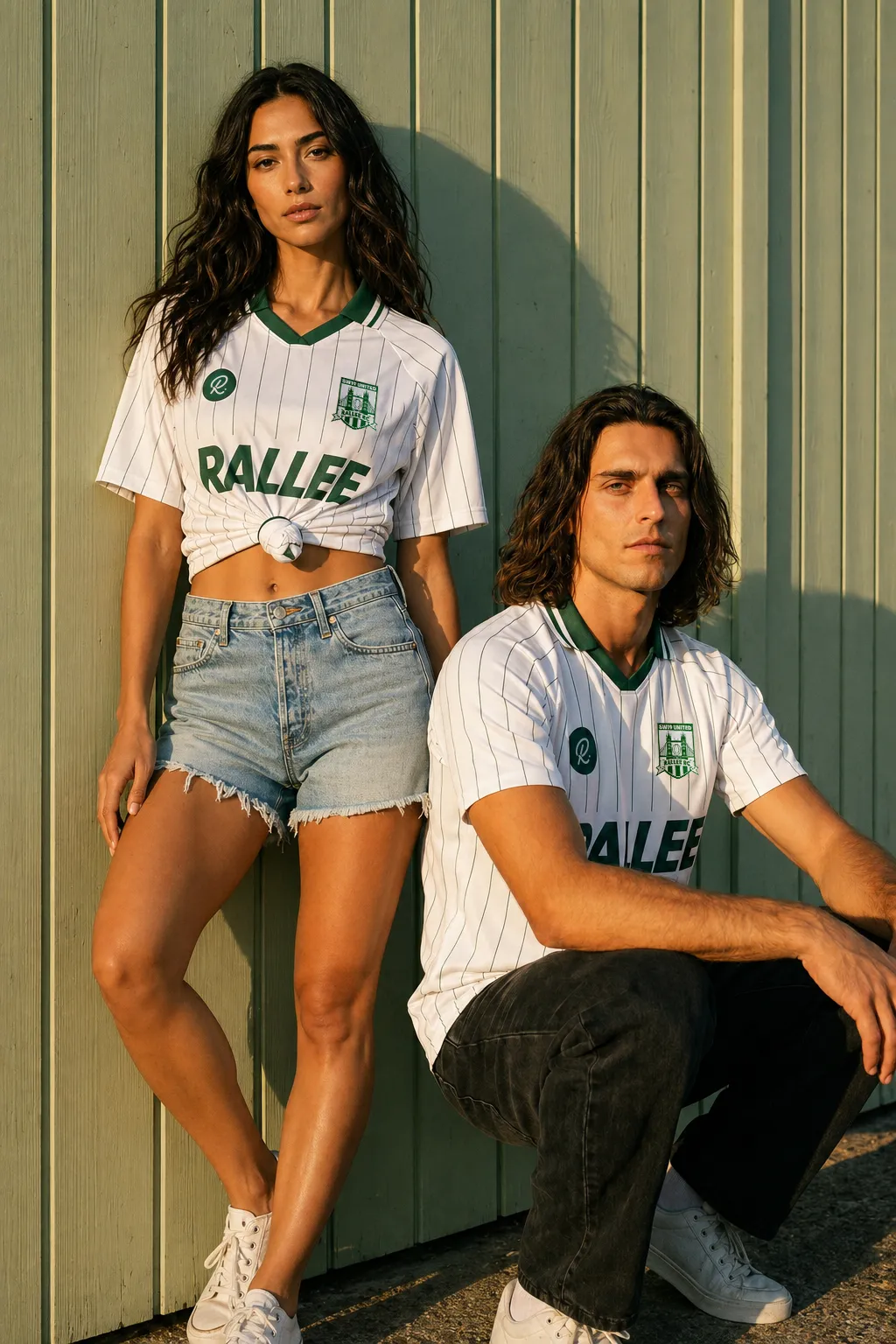 AI generated Rallee campaign image, a woman in a knotted football shirt and denim shorts beside a crouching man