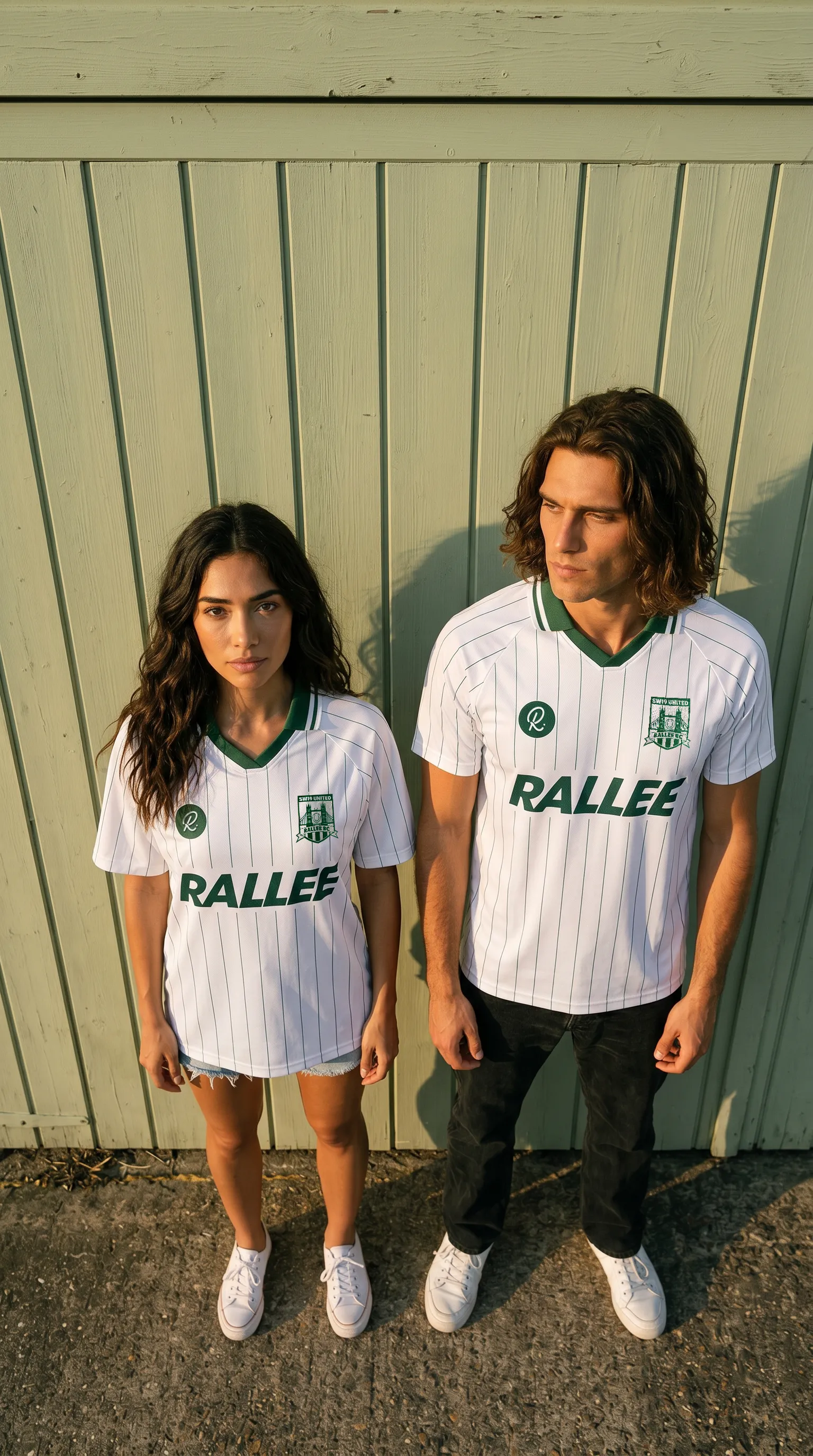 AI generated Rallee campaign image, a man and woman standing side by side in white football shirts and sneakers