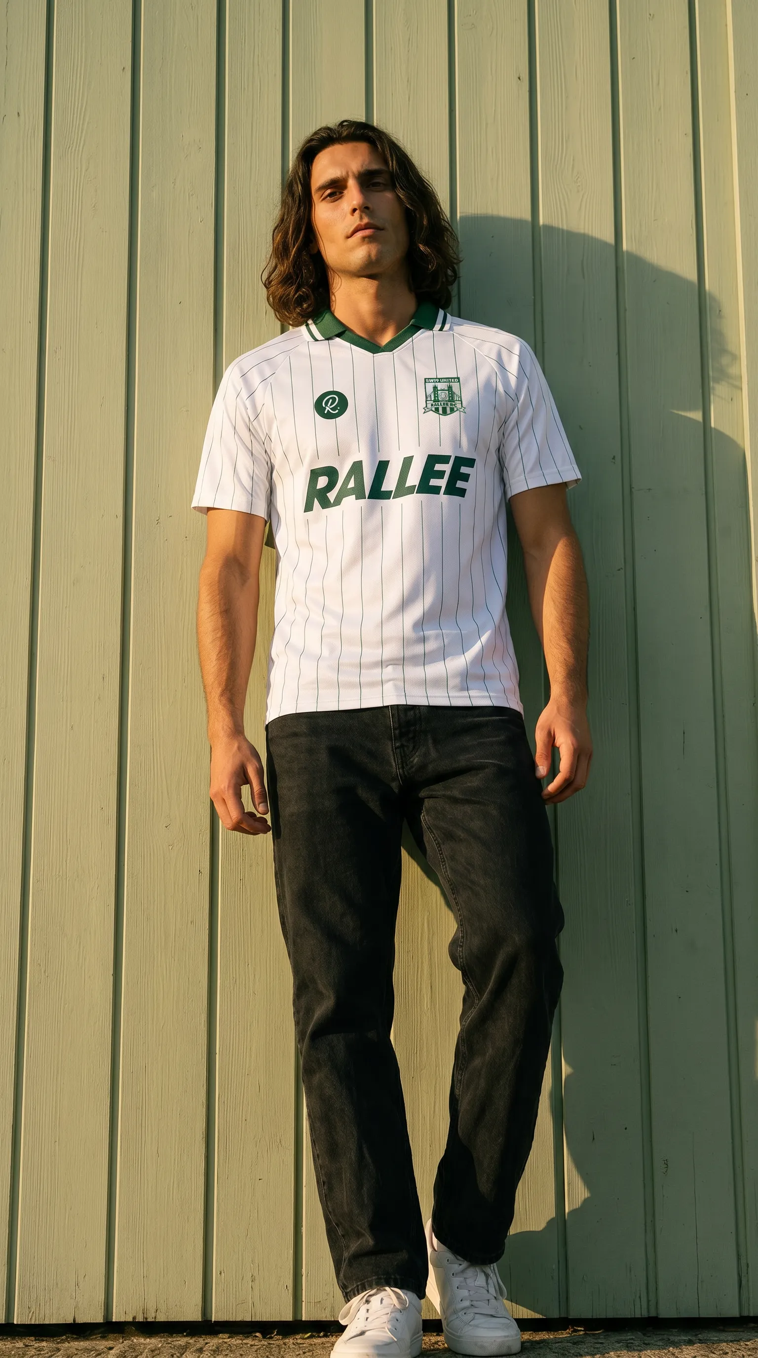 AI generated campaign image for Rallee, a man in a white pinstripe football shirt and black jeans by a green wall