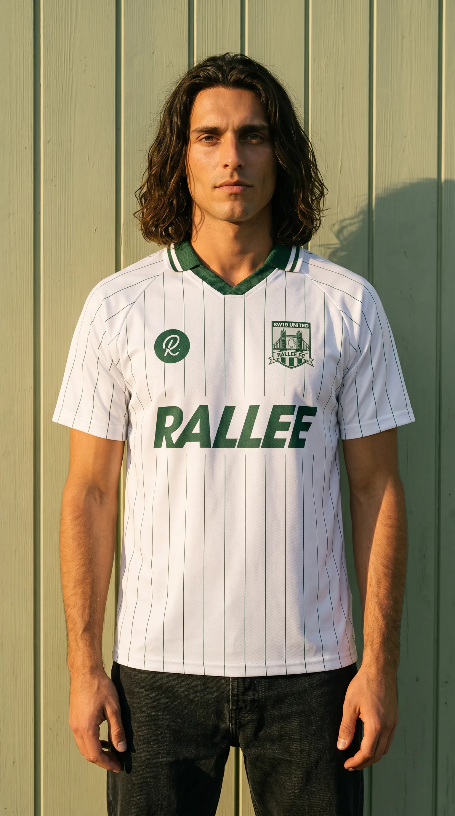 AI generated campaign image for Rallee, a man facing the camera in the white pinstripe Rallee football shirt