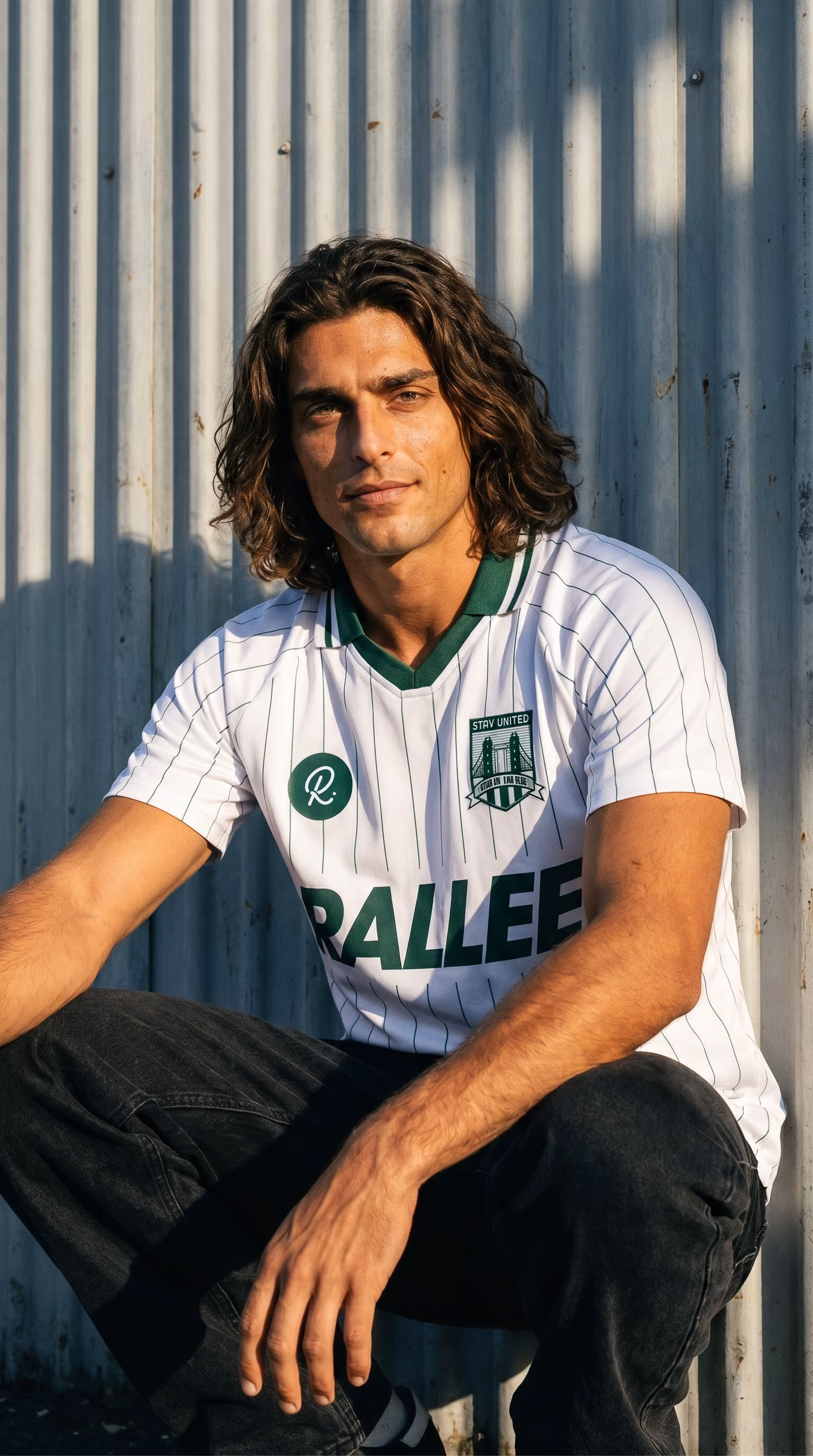 A man with long wavy hair sitting against a corrugated metal wall in a white pinstriped football jersey