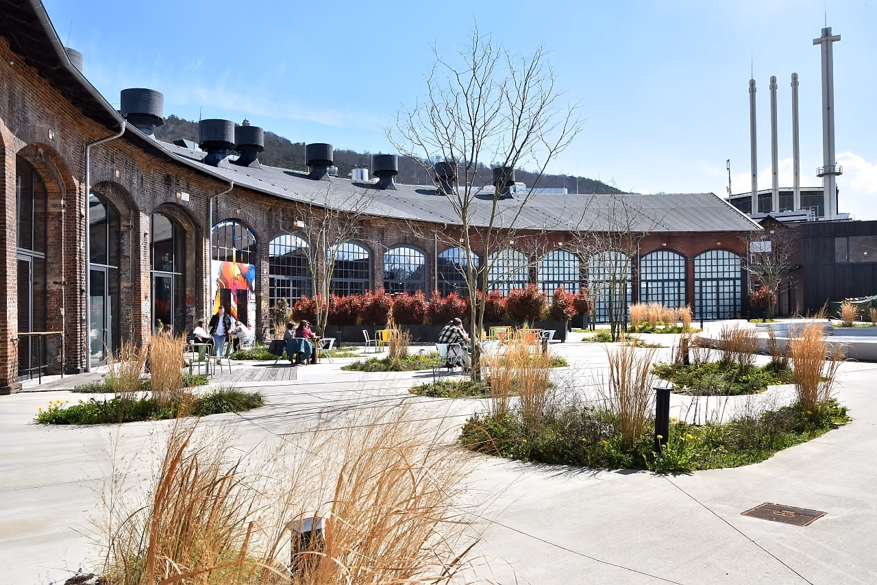 Outdoor courtyard with curved brick building, bare trees, seating, and decorative grass under clear sky.