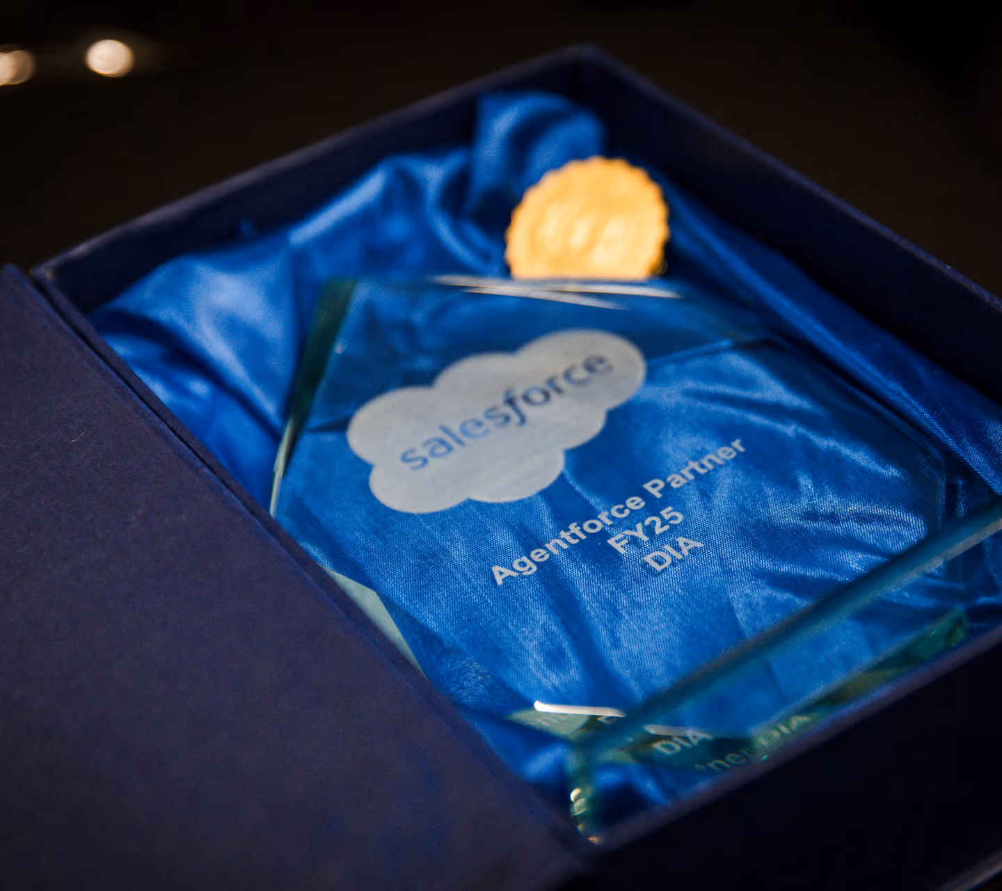 Salesforce Agentforce Partner FY25 DIA award plaque in a blue fabric-lined box.