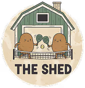 Logo with two cartoon potatoes holding tennis rackets in front of a barn, text 'THE SHED' below.