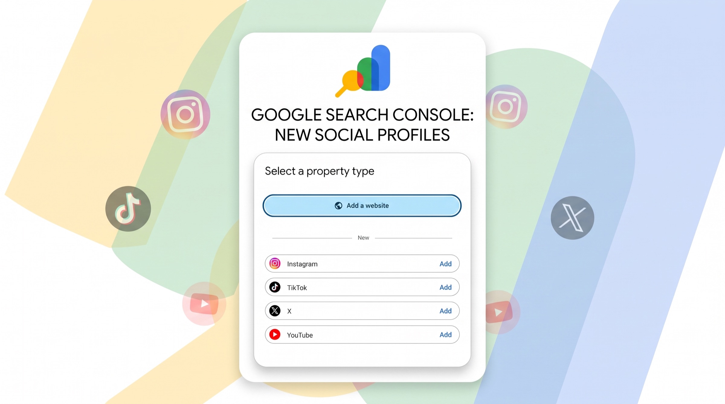 Google Search Console property type screen listing Instagram, TikTok, X and YouTube alongside the usual website option