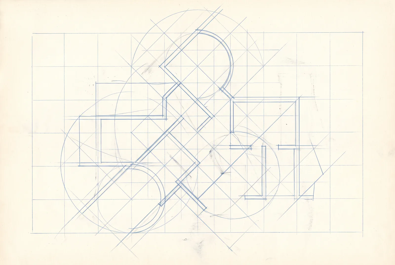 A letterform construction drawing in blue pen on gridded paper, with guide lines and arcs, New Beach journal