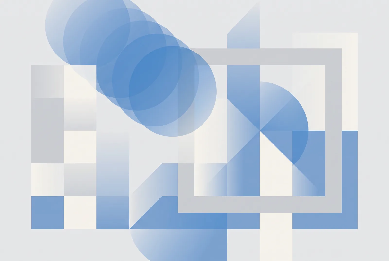 Abstract composition of translucent blue circles overlapping a grid of pale squares and triangles, New Beach journal