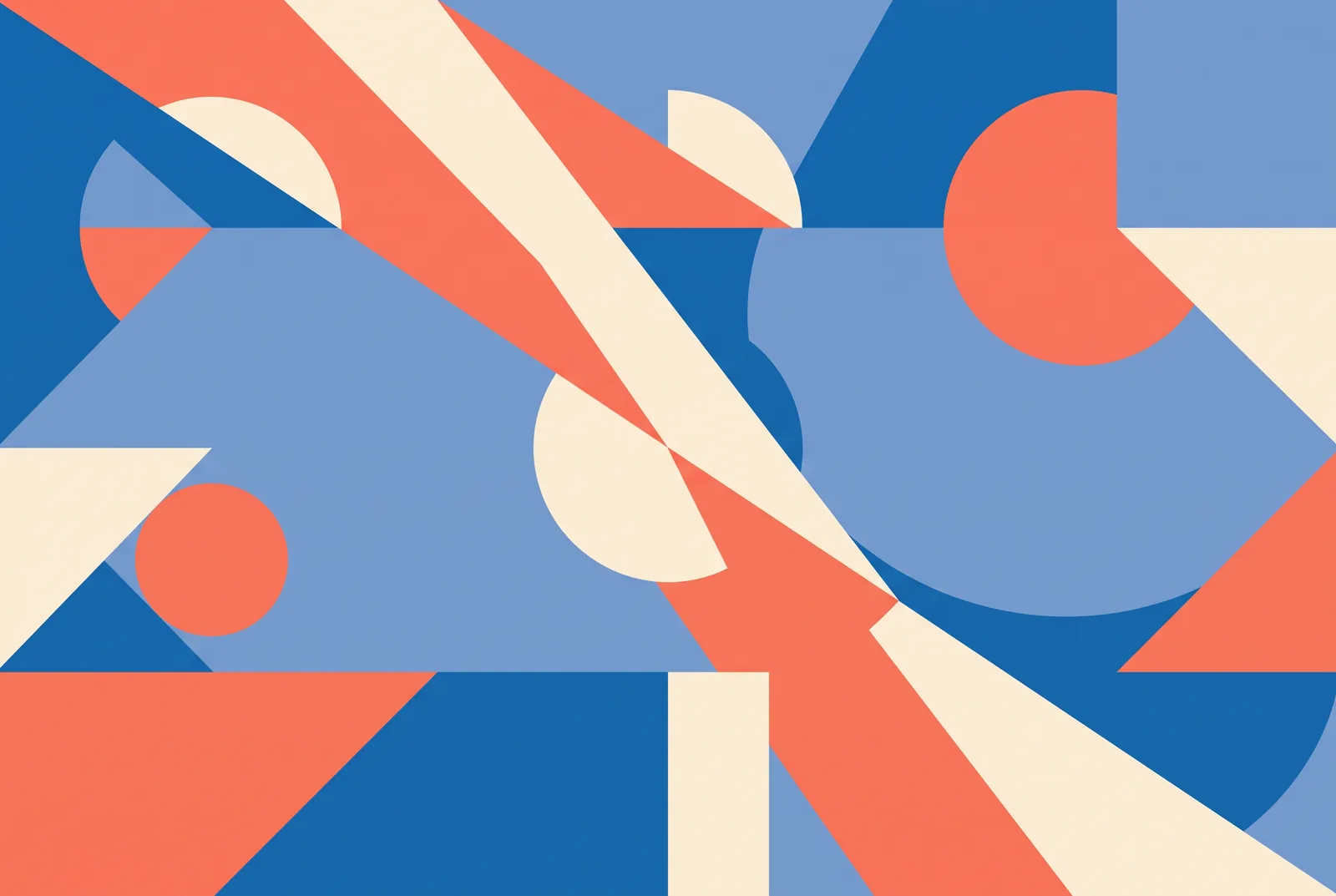 Flat geometric illustration of overlapping circles, triangles and bands in blue, coral and cream, New Beach journal