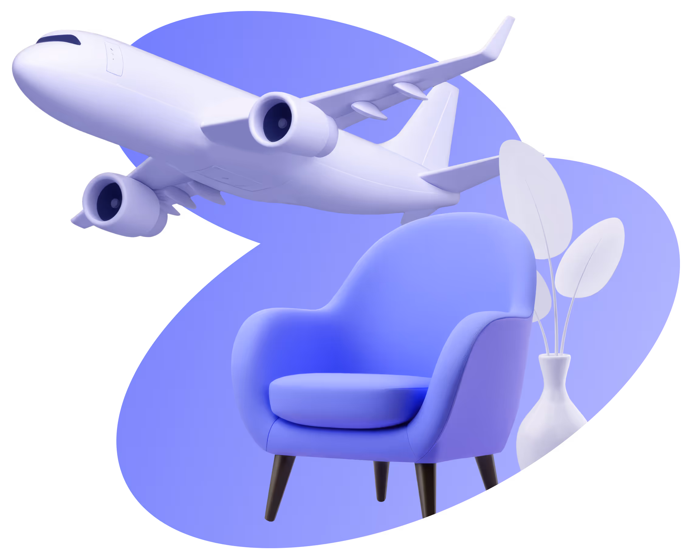 3D illustration of a white airplane flying above a blue armchair next to a white vase with leaves.