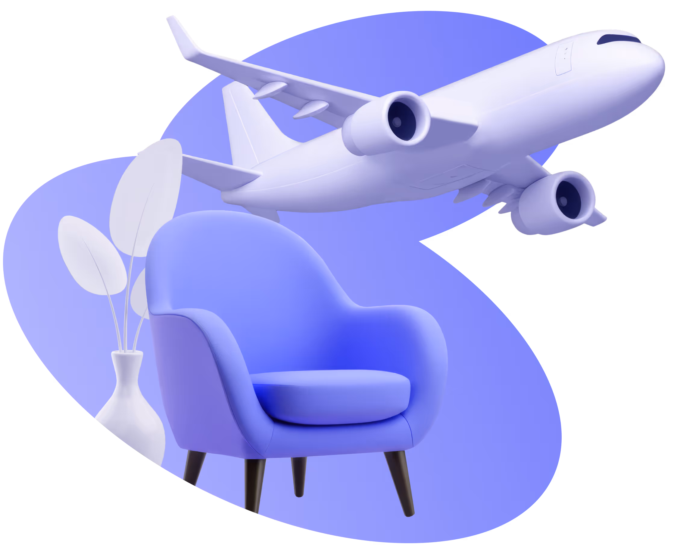 3D illustration of a white airplane flying above a blue armchair next to a white vase with leaves.