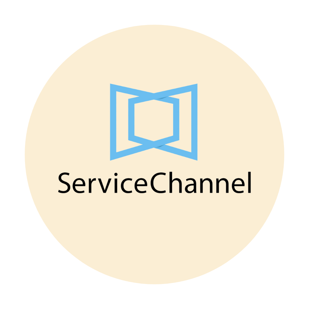 ServiceChannel company logo with blue geometric icon above text on beige circle background.