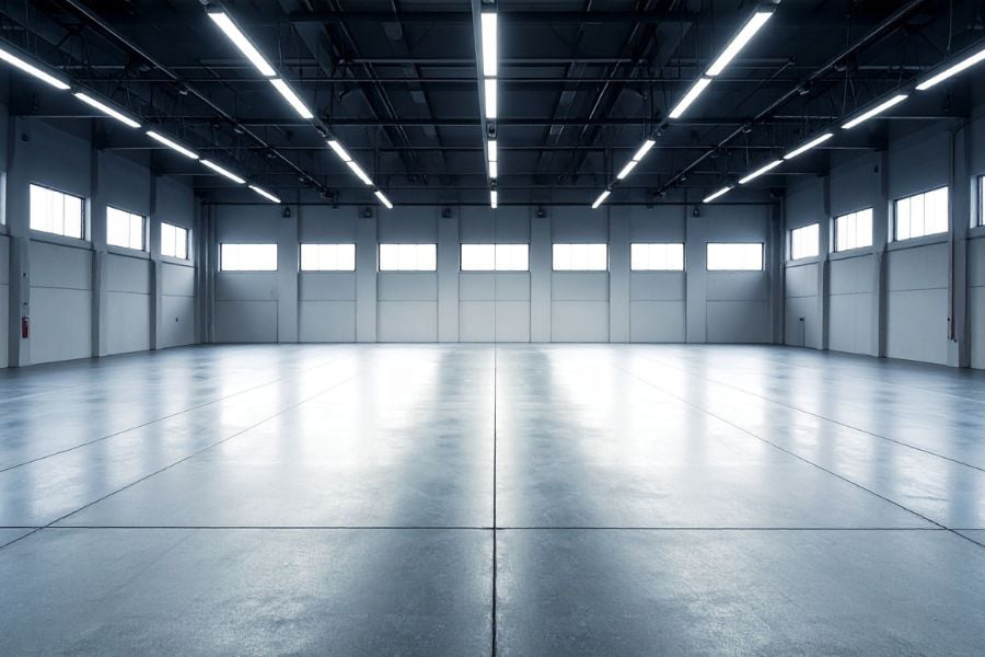 Empty warehouse interior with extensive overhead LED high-bay lighting — warehouse and industrial lighting service for Chicago property managers