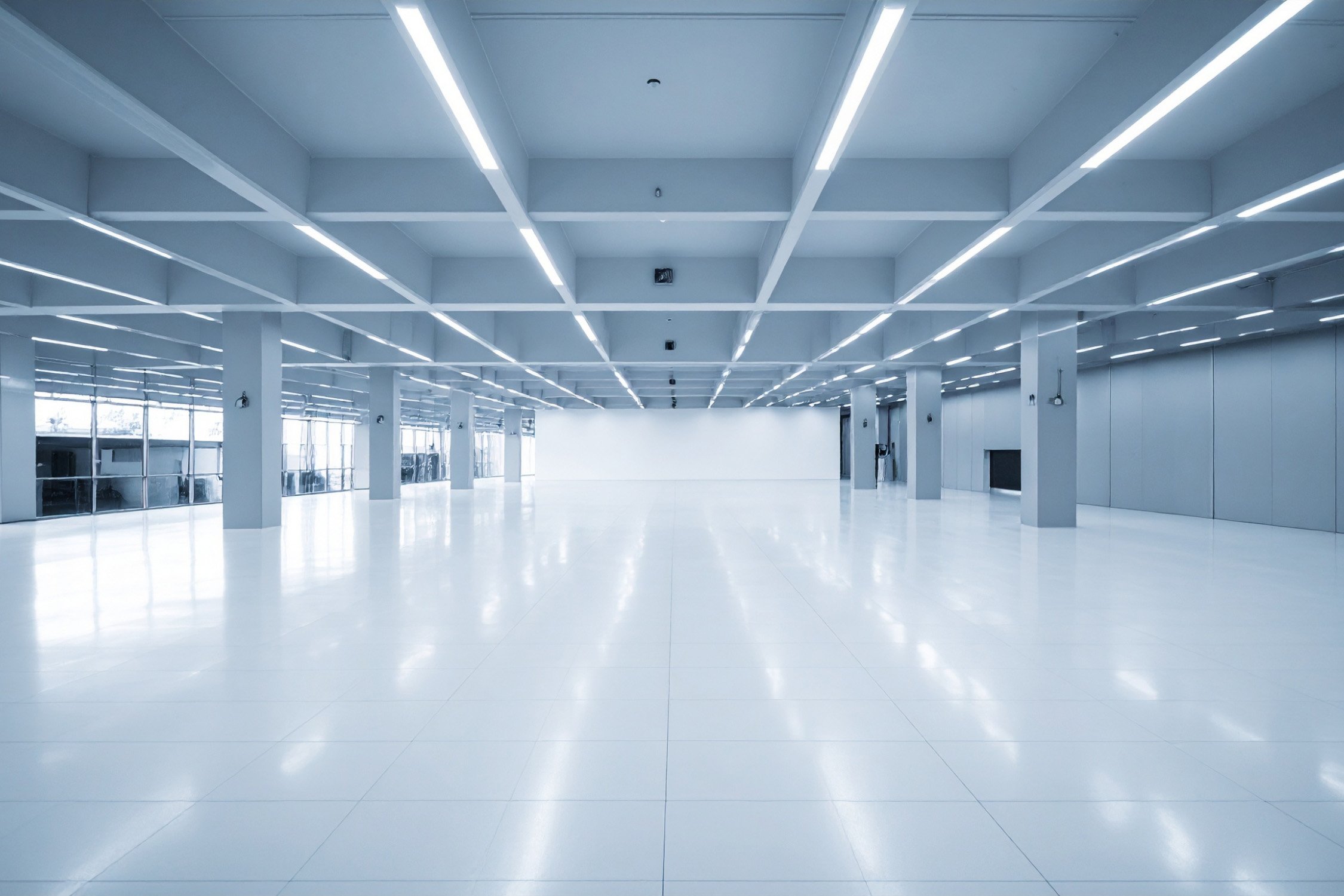 Bright modern commercial interior with rows of fluorescent panel lighting — commercial interior lighting service for Chicago businesses
