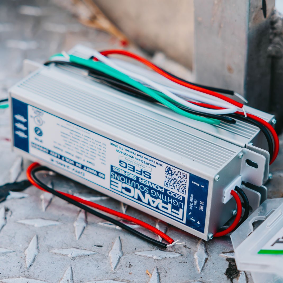 Close-up of an LED driver power supply with sign wiring — Rick Signs sign electrical replacement parts