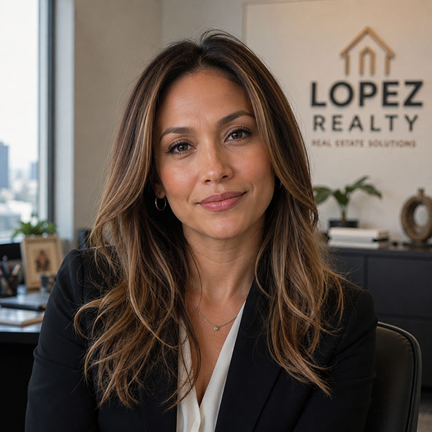 Woman with long brown hair wearing a black blazer sitting in an office with Lopez Realty branding behind her.