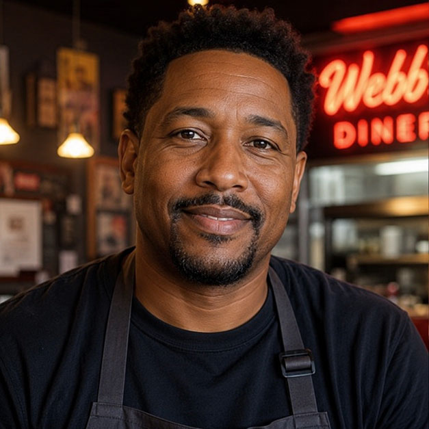 Smiling man wearing a black apron in a diner with a Webb Diner neon sign in background.