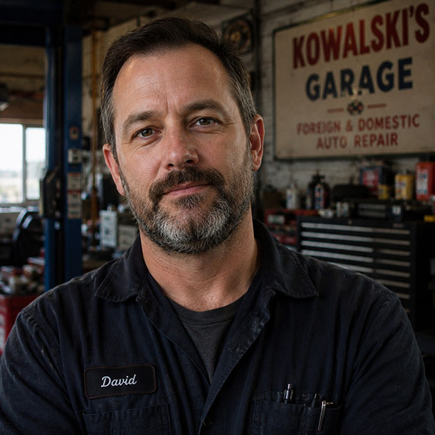 Mechanic named David with beard in uniform standing inside Kowalski's Garage auto repair shop.