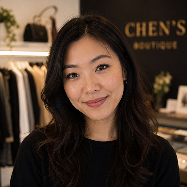 Smiling woman with long dark hair in a boutique store with clothes and handbags in the background.