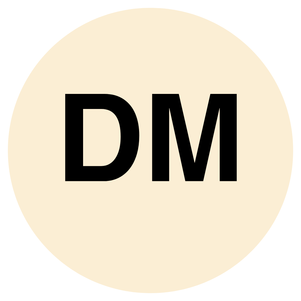 Circular beige icon with bold black uppercase letters 'DM' in the center.