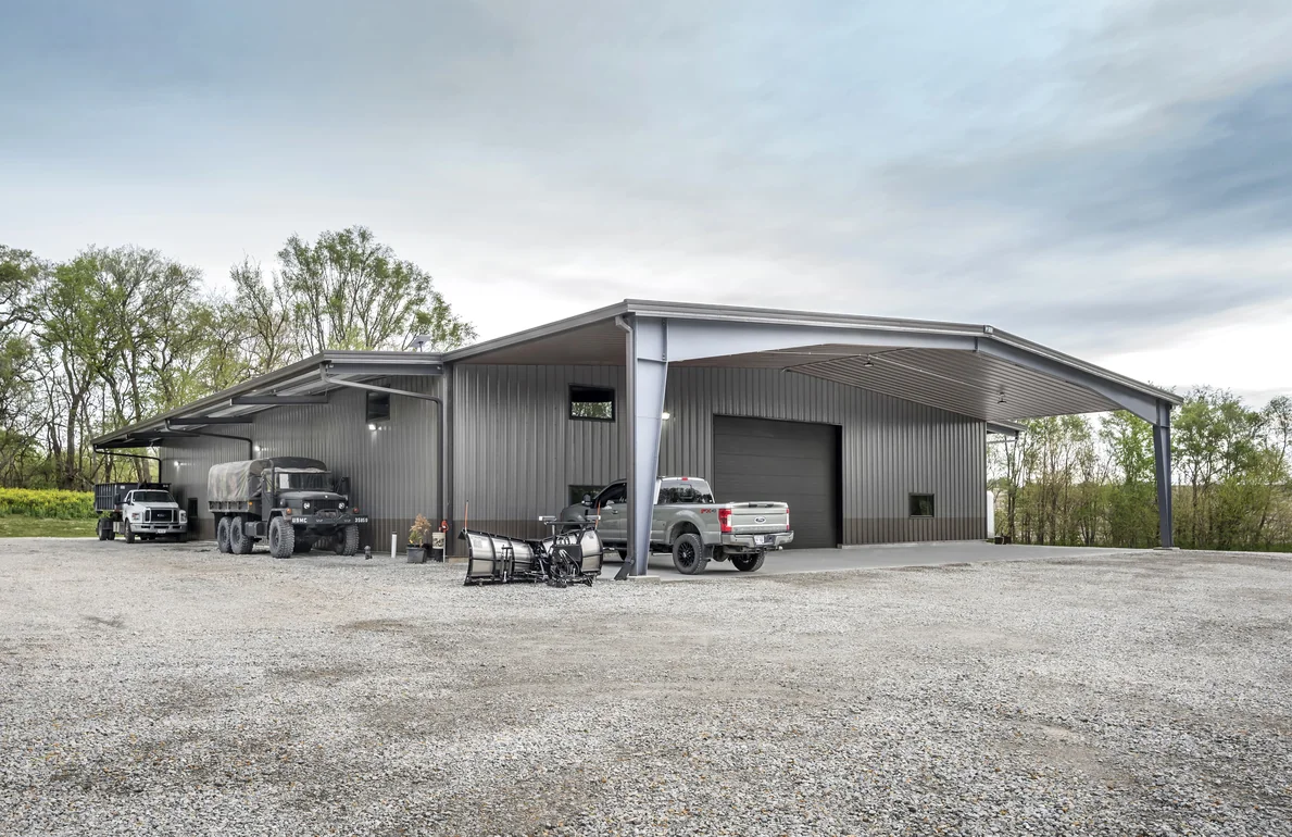 Covered RV bay exterior at the South Farm steel shop building