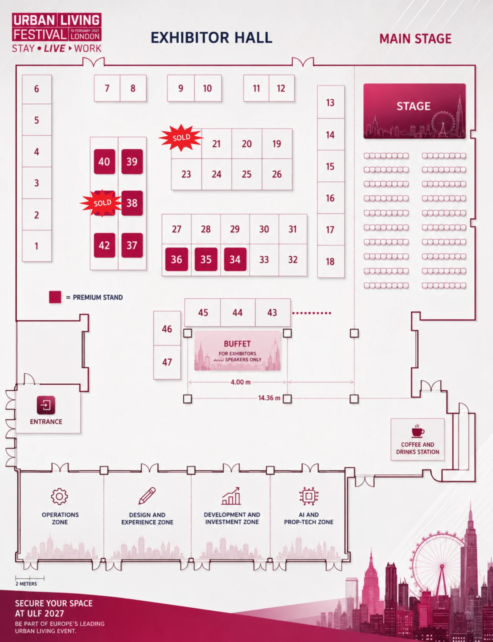 Urban Living Festival 2027 exhibitor hall floor plan showing stands 1 to 47, the main stage, entrance, buffet, coffee station and festival zones