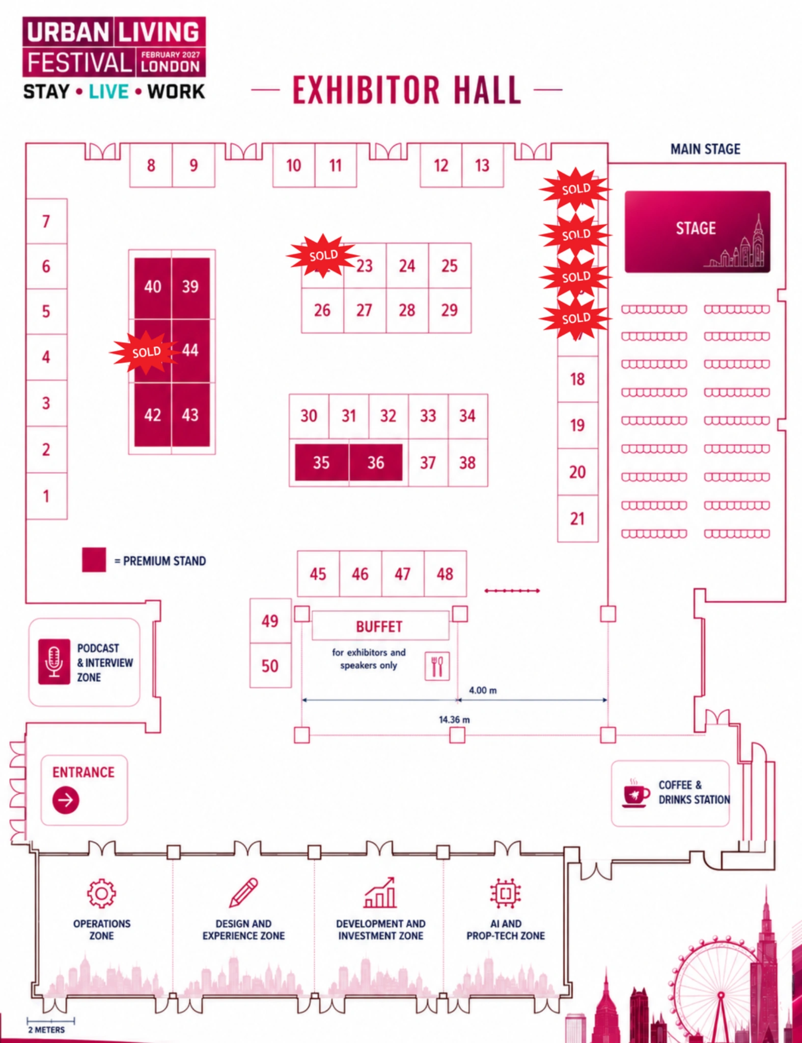 Urban Living Festival 2027 exhibitor hall floor plan showing stands 1 to 50, the main stage, entrance, buffet, coffee and drinks station and festival zones