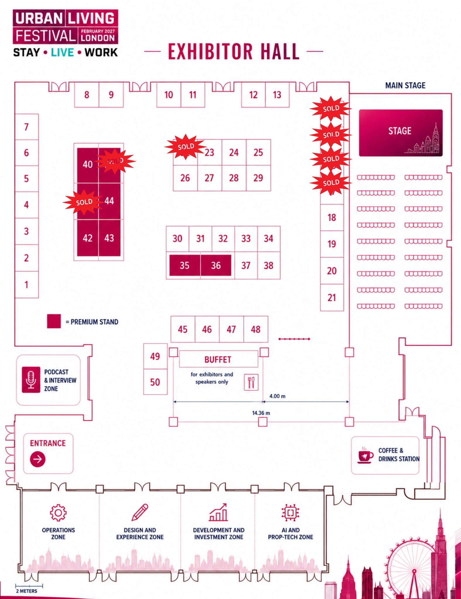 Urban Living Festival 2027 exhibitor hall floor plan showing stands 1 to 50, including City Pop at Stand 39, the main stage, entrance, buffet, coffee and drinks station and festival zones