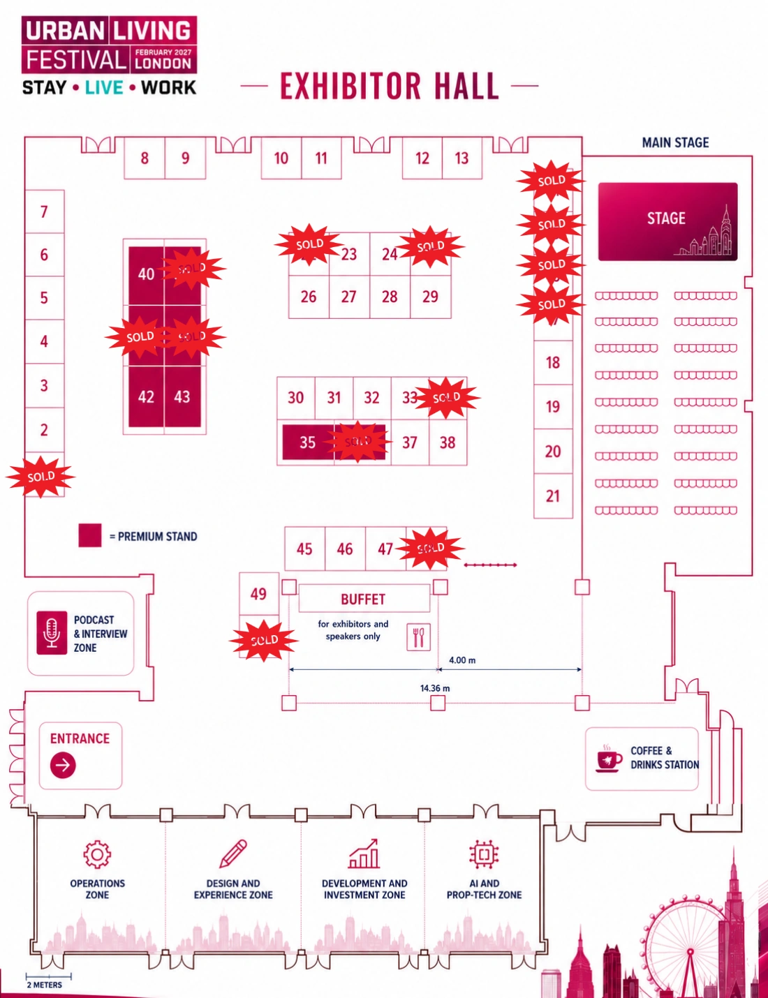 Urban Living Festival 2027 exhibitor hall floor plan showing stands 1 to 50, sold positions, the main stage, entrance, buffet, coffee and drinks station and festival zones