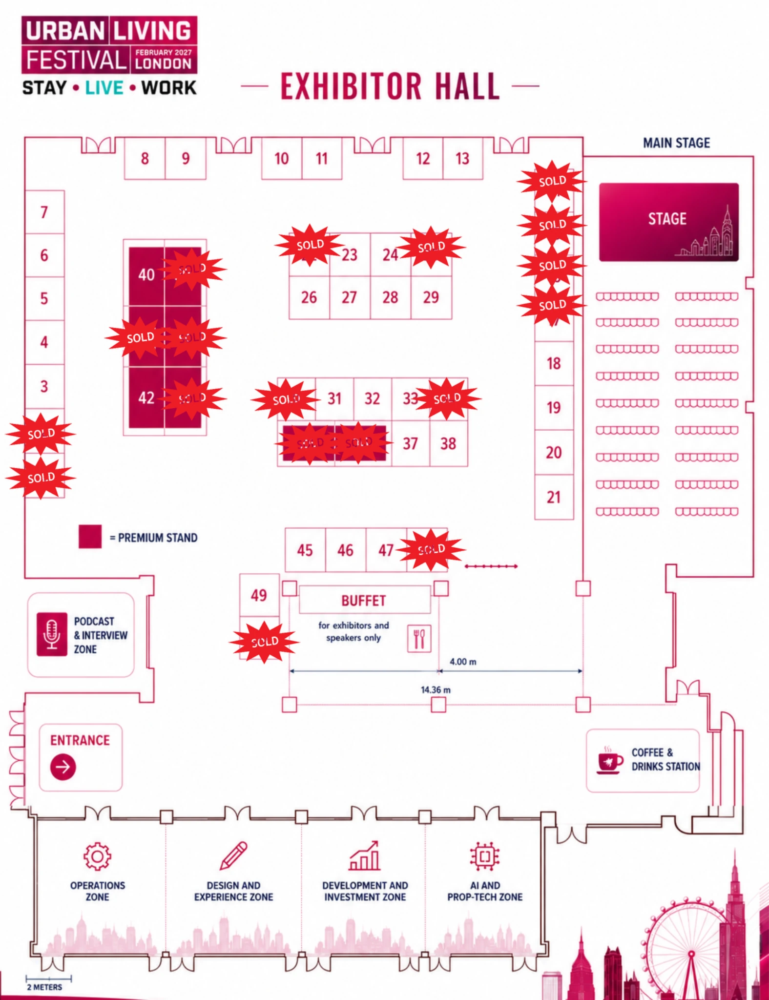 Urban Living Festival 2027 exhibitor hall floor plan showing stands 1 to 50, sold positions, the main stage, entrance, buffet, coffee and drinks station and festival zones