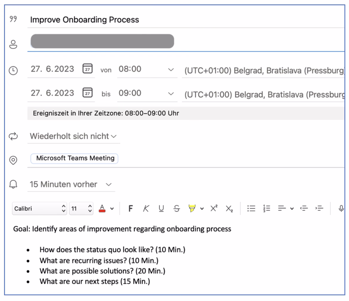 Example of a calendar invitation with goal and agenda