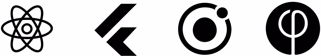 Vier schwarze Logotypen: Atom, Flutter, Ionic und Phi Symbol.