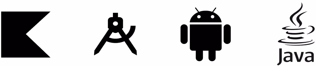 Vier schwarze Symbole: ein spitzes 'K', ein Zirkel, das Android-Roboterlogo und das Java-Logo.