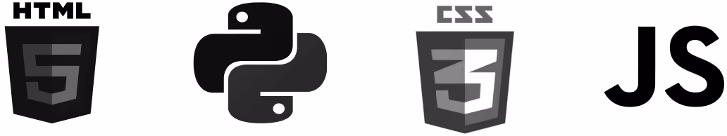 Logos of HTML5, Python, CSS3, and JavaScript programming languages side by side.
