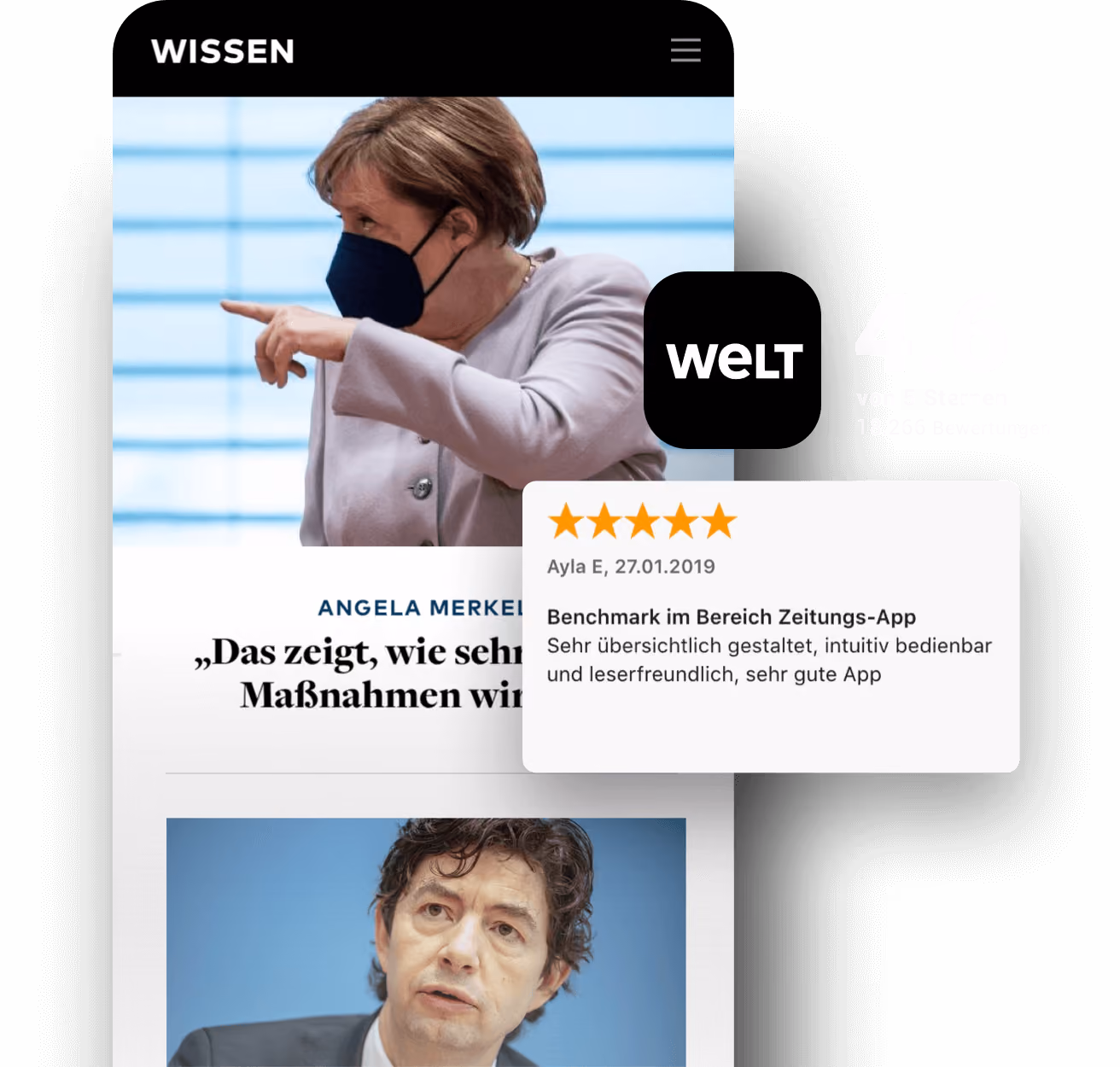WELT-App mit Wissensartikel und einer Nutzerbewertung von 4,6 von 5 Sternen.
