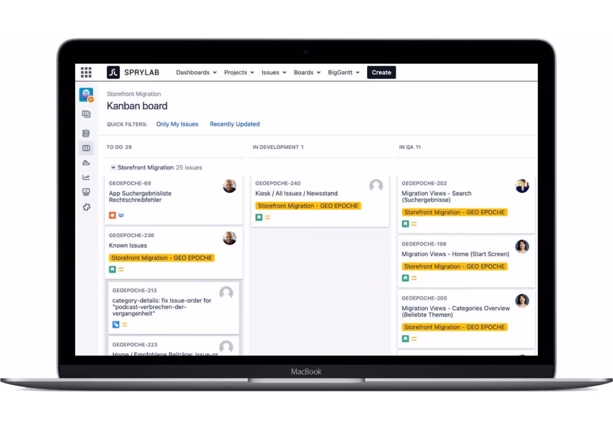 Kanban-Board mit Spalten Aufgaben, Entwicklung, QA und hervorgehobenen Storefront Migration GEO EPOCHE Tickets.
