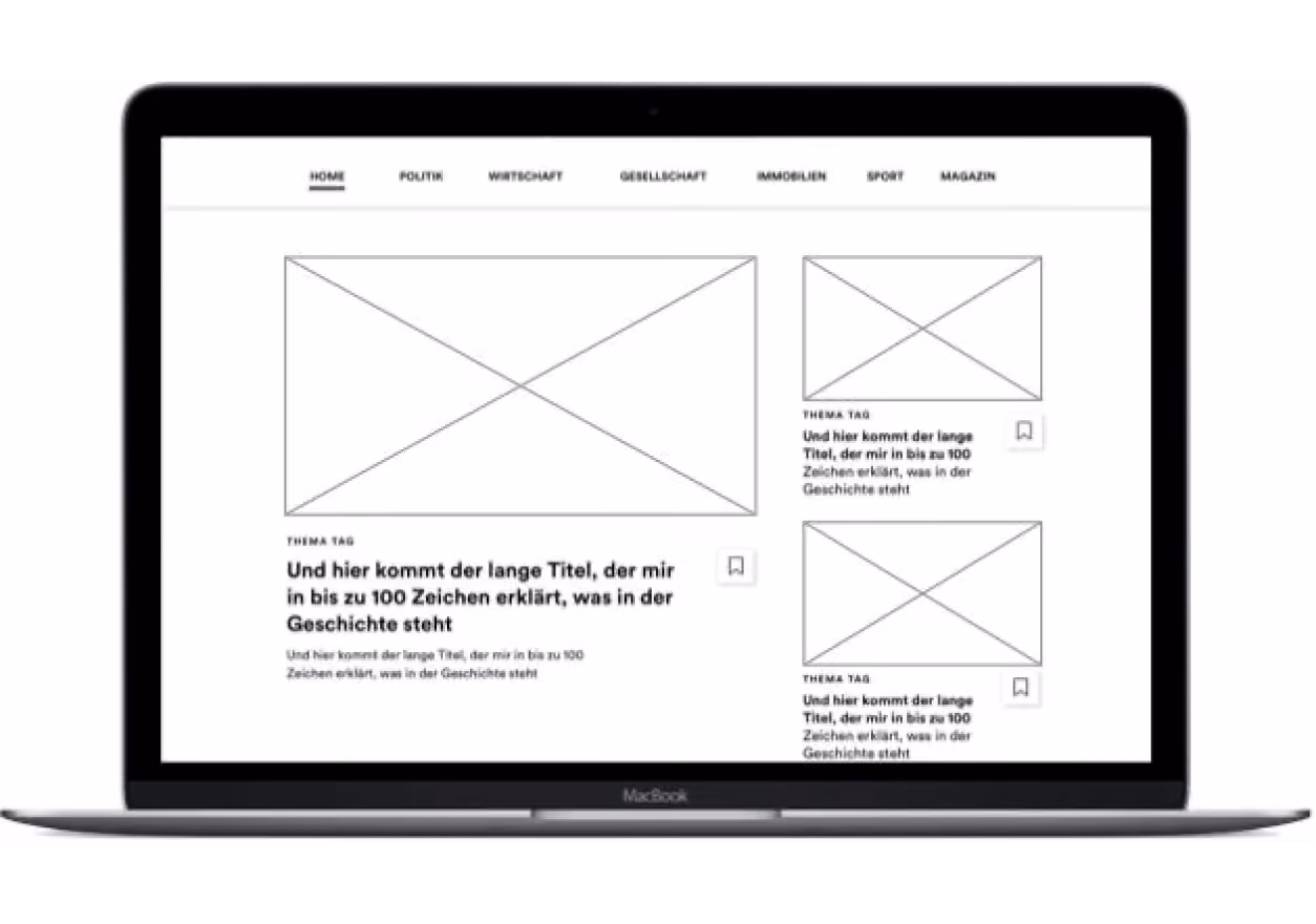 MacBook zeigt Webseite-Layout mit Navigation und Platzhalter für Titel sowie Text in Deutsch.