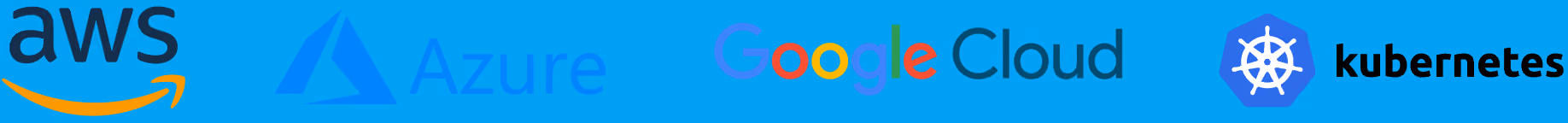 Logos von AWS, Azure, Google Cloud und Kubernetes auf blauem Hintergrund.