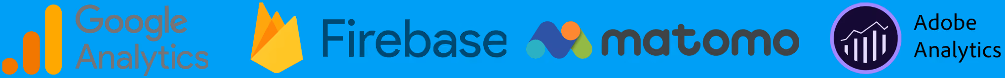 Logos von Google Analytics, Firebase, Matomo und Adobe Analytics auf blauem Hintergrund.