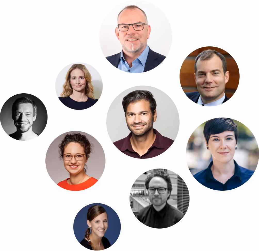 Karikaturartige Anordnung von Porträtfotos von neun verschiedenen Personen in runden Rahmen.