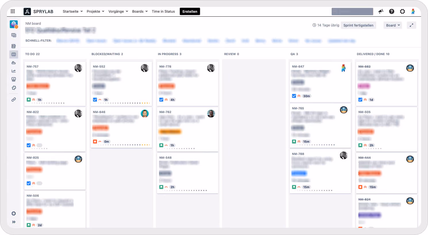 Digitale Kanban-Tafel mit Spalten für Aufgabenstatus wie To Do, Blockiert, In Arbeit, QA, Fertig.