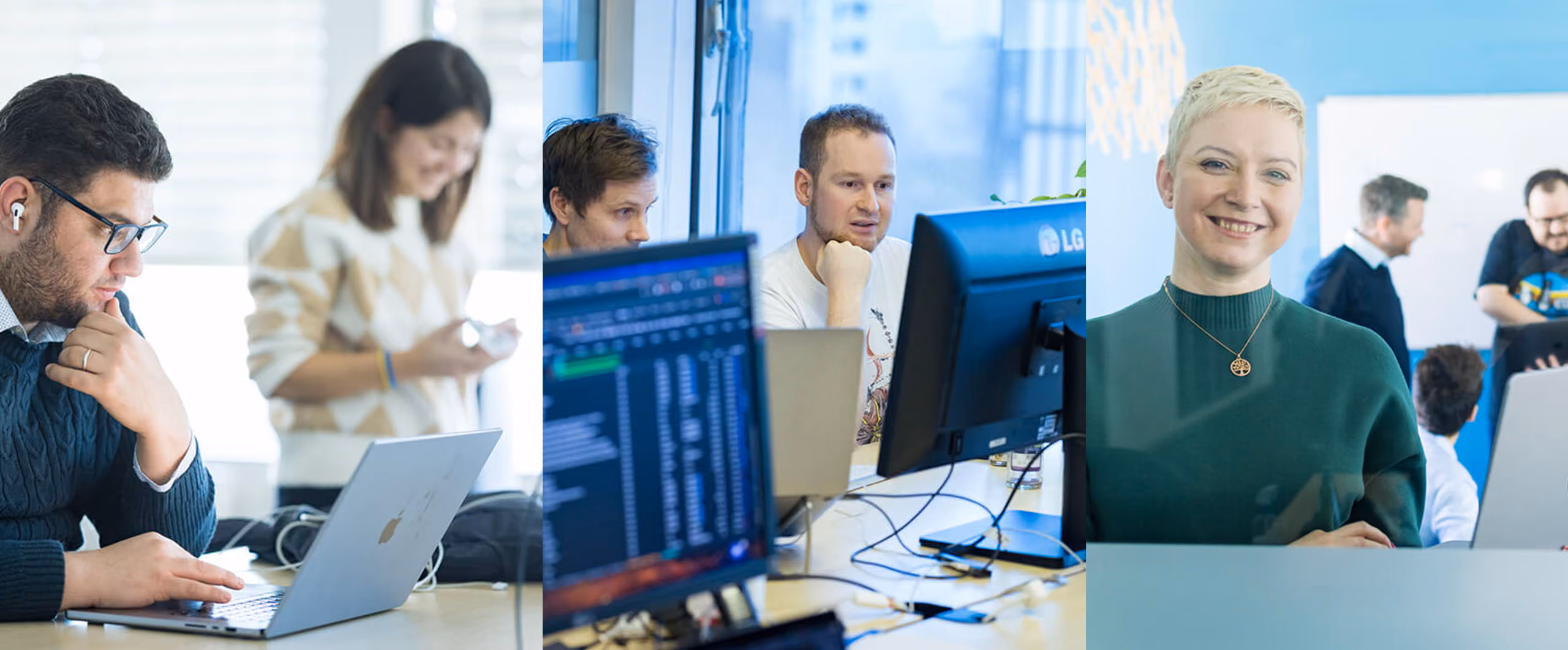 Drei Bilder von Menschen, die an Computern arbeiten und in einem Büro lächeln und zusammenarbeiten.