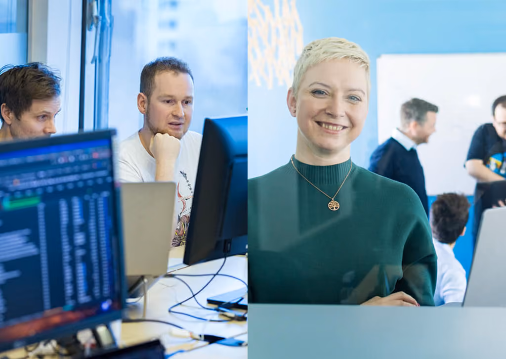 Fünf Menschen arbeiten gemeinsam in hellen Büroräumen mit Computern.