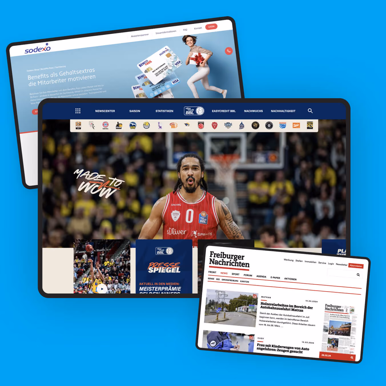 Darstellung verschiedener Websites von Sodexo, der BBL und den Freiburger Nachrichten.