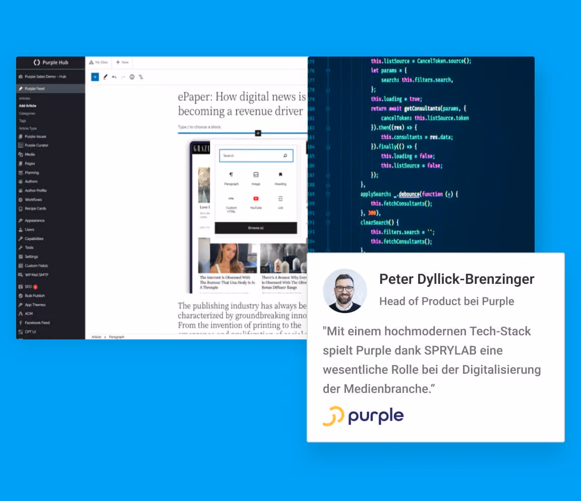Purple CMS-Oberfläche mit Codeansicht und Kundenstimme zur Zusammenarbeit mit SPRYLAB.