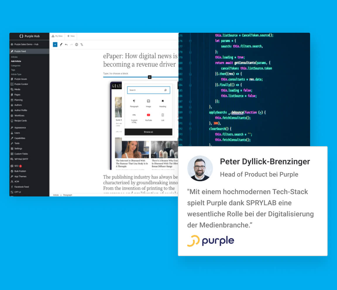 Purple CMS-Oberfläche mit Codeansicht und Kundenstimme zur Zusammenarbeit mit SPRYLAB.