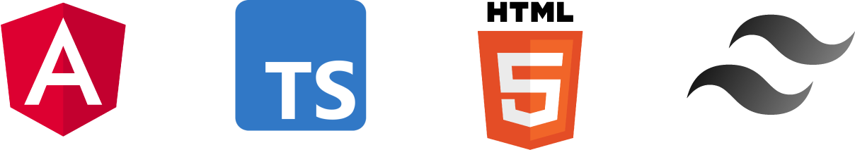 Logos von Angular, TypeScript, HTML5 und Tailwind CSS nebeneinander angezeigt.
