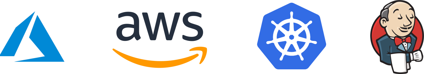 Logos von Azure, AWS, Kubernetes und Jenkins nebeneinander auf schwarzem Hintergrund.