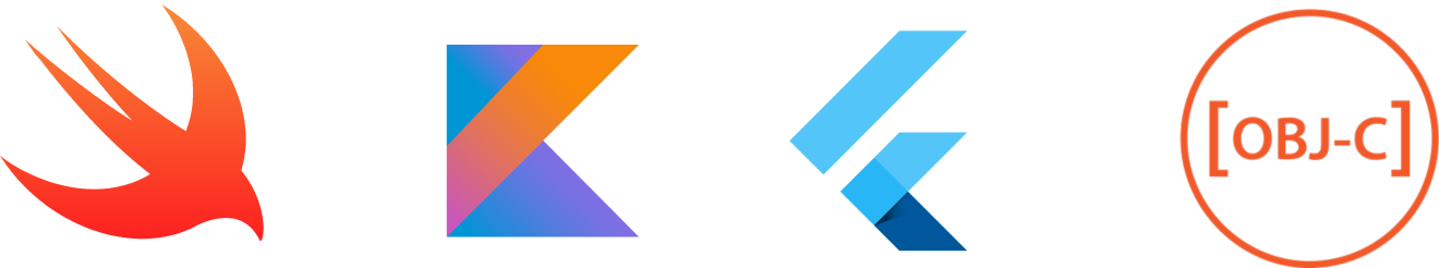 Logos der Programmiersprachen Swift, Kotlin, Flutter und Objective-C in einer Reihe.