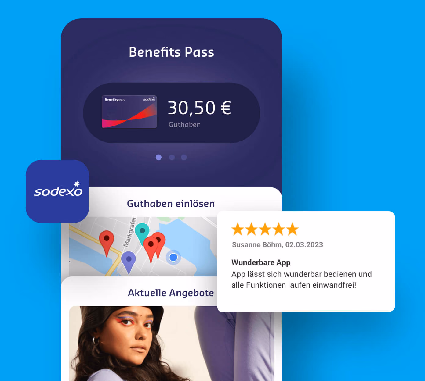Sodexo Benefits Pass App mit Guthaben, Angebotskarte und positiver Nutzerbewertung.