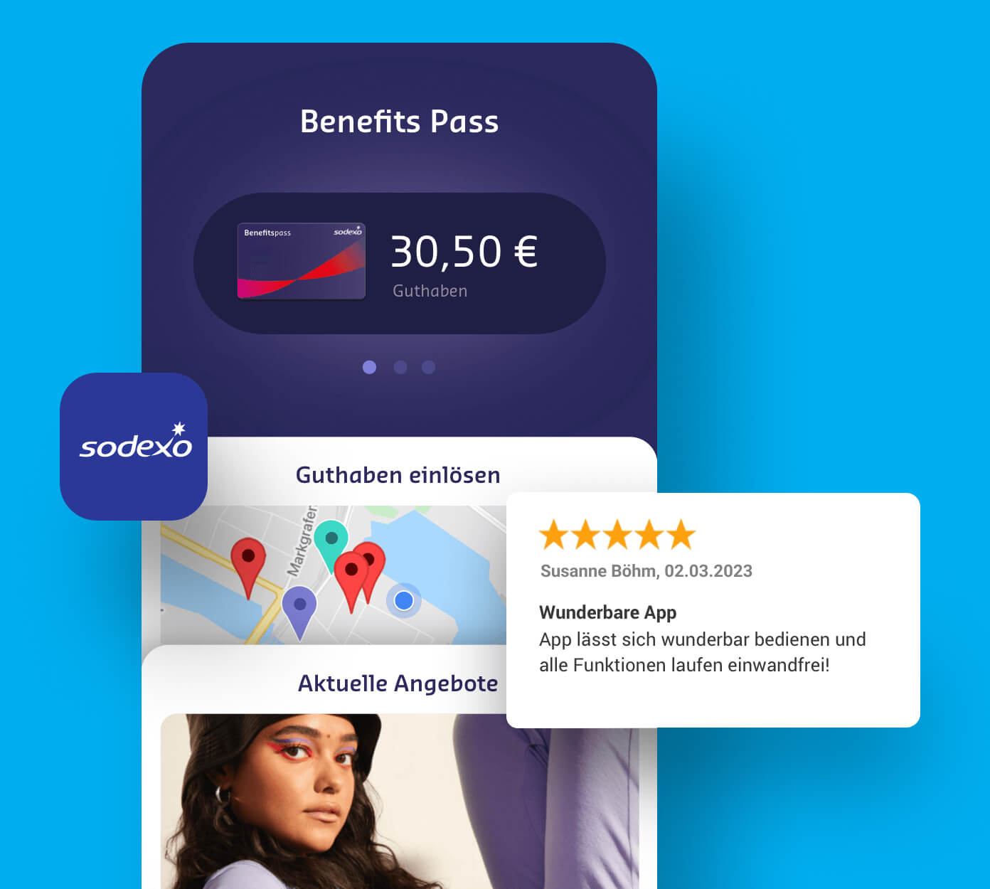 App-Ansicht mit Benefits-Pass Guthaben, Karte, Standortkarte und positiver Nutzerbewertung.